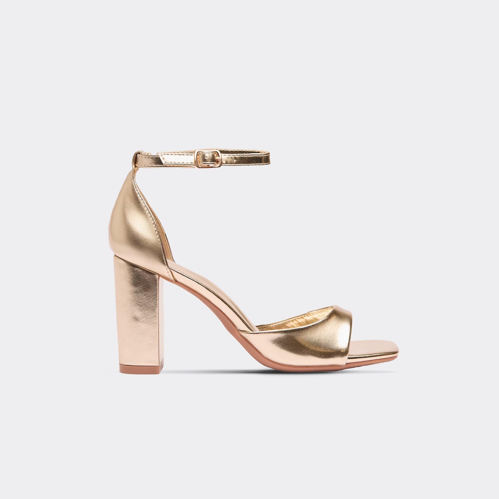 EGO Buddi Ankle Strap Peep Toe Block Heel In Gold Faux Leather, Women's Size UK 3