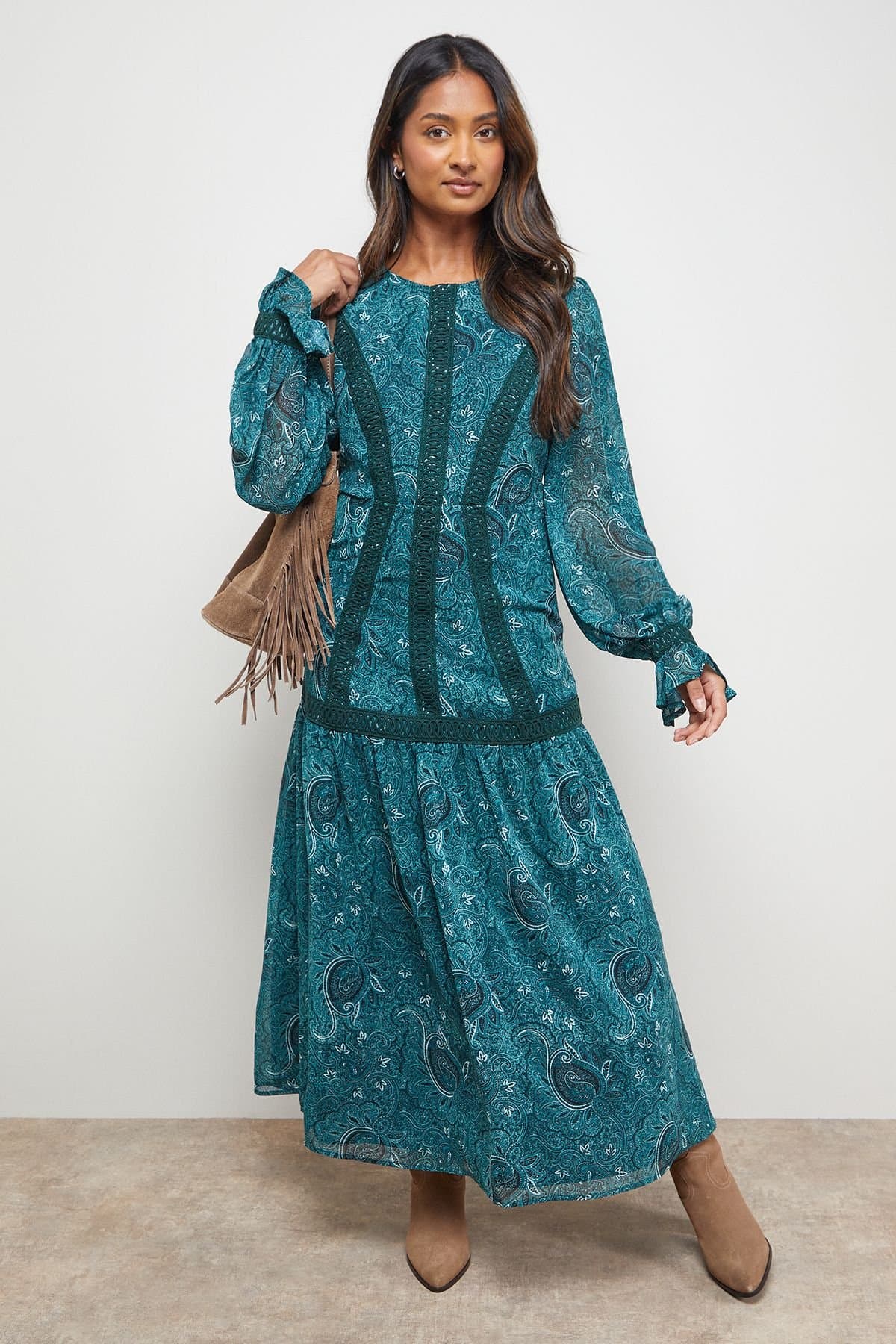 Oasis Oasis Women's Lace Detail Balloon Sleeve Drop Hem Midi Dress