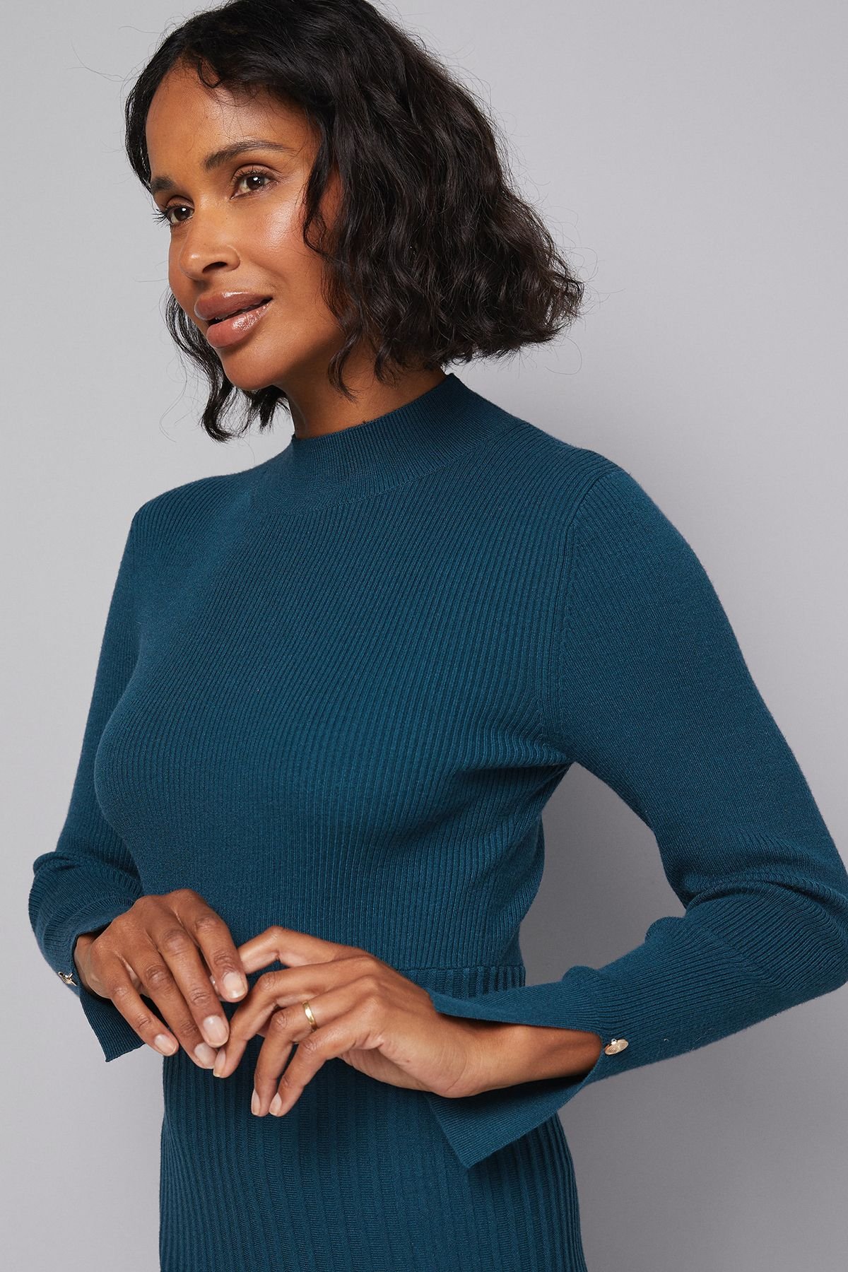 Wallis Wallis Women's Button Cuff Detail High Neck Pleated Knitted Midaxi Dress in Teal - 3