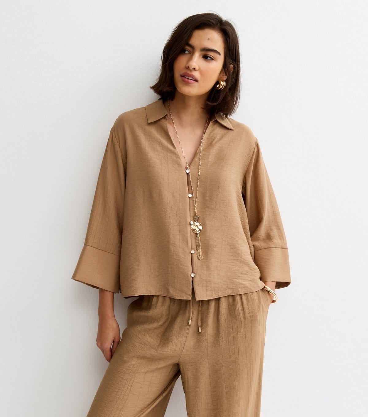 New Look Camel Crinkled Cropped Sleeve Shirt