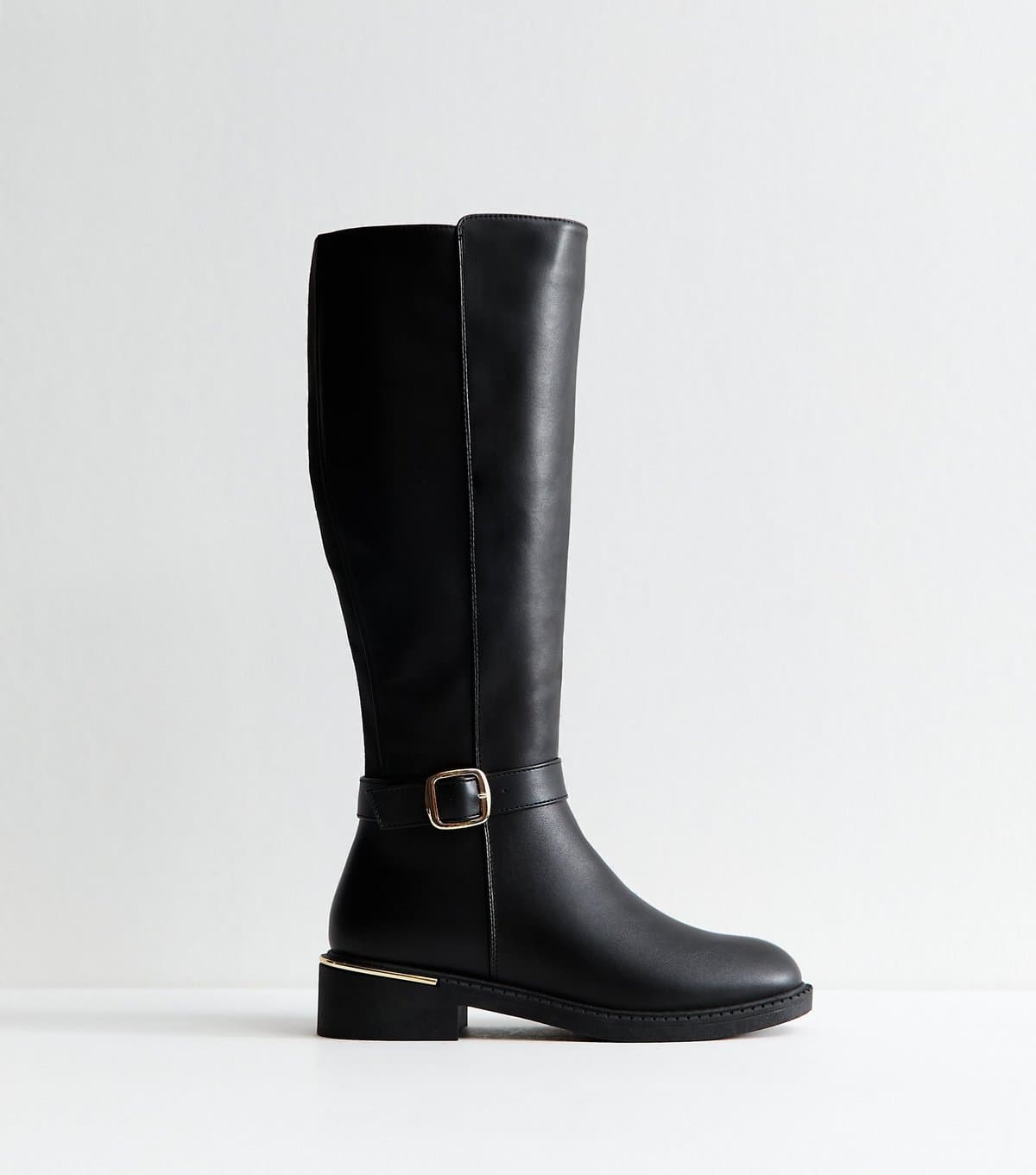 New Look Women's Black Faux Leather Riding Knee High Boots Vegan New Look