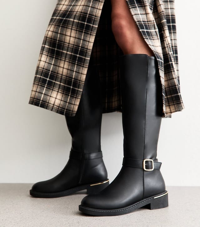 New Look Women's Black Faux Leather Riding Knee High Boots Vegan New Look - 2