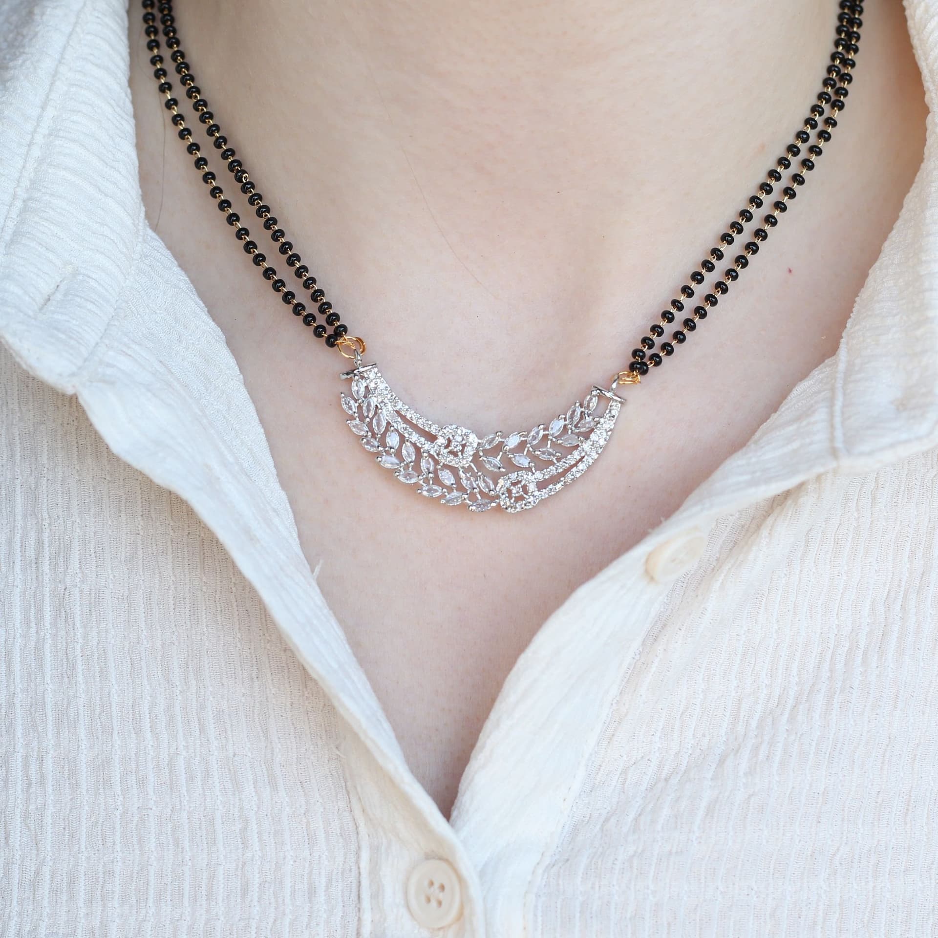 The Colourful Aura The Colourful Aura Women's Indian Nazaria Silver Floral Zircon Mangalsutra Black Beads Earring & Necklace