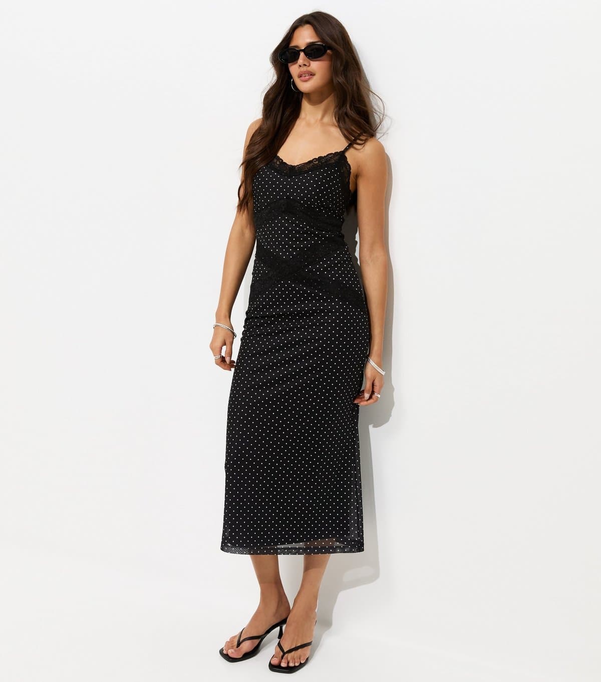 New Look Women's Black Polka Dot Mesh Lace Trim Midi Dress New Look