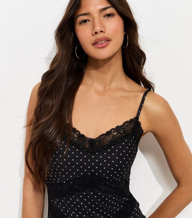 New Look Women's Black Polka Dot Mesh Lace Trim Midi Dress New Look - 2
