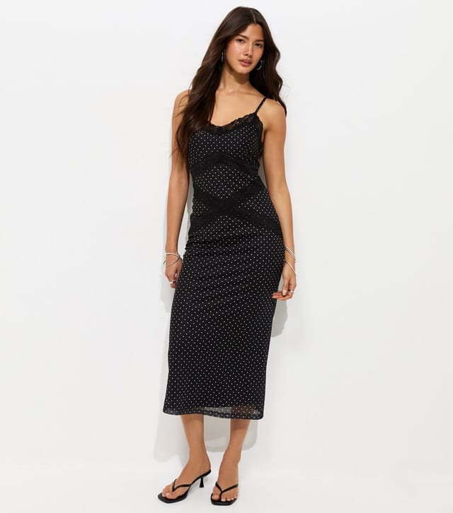 New Look Women's Black Polka Dot Mesh Lace Trim Midi Dress New Look - 3