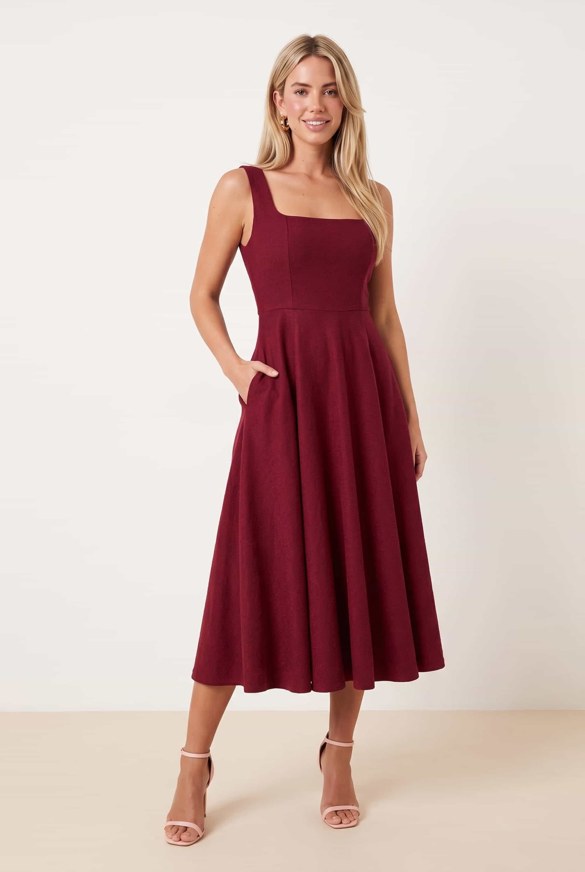 Style Cheat Style Cheat Women's Fit & Flare Midi Wine Dress in Burgundy