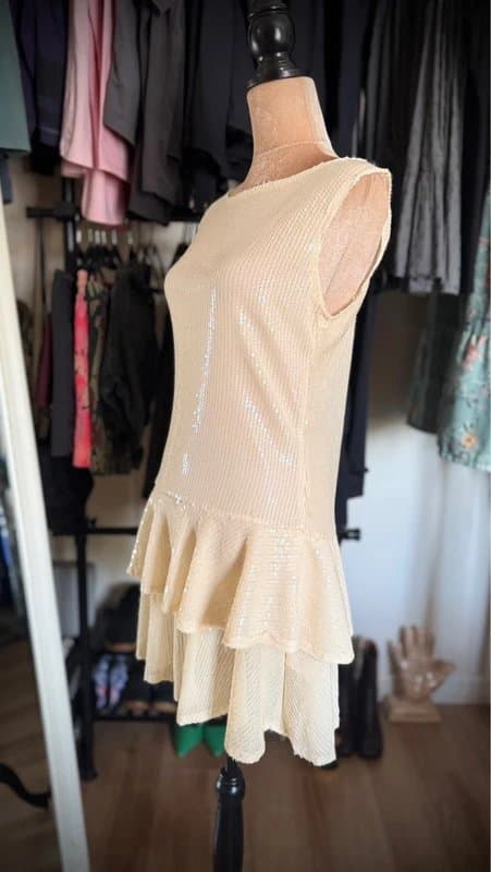 Motel Motel Sheer Cream Sequin Drop-Waist Ruffle Dress - UK L