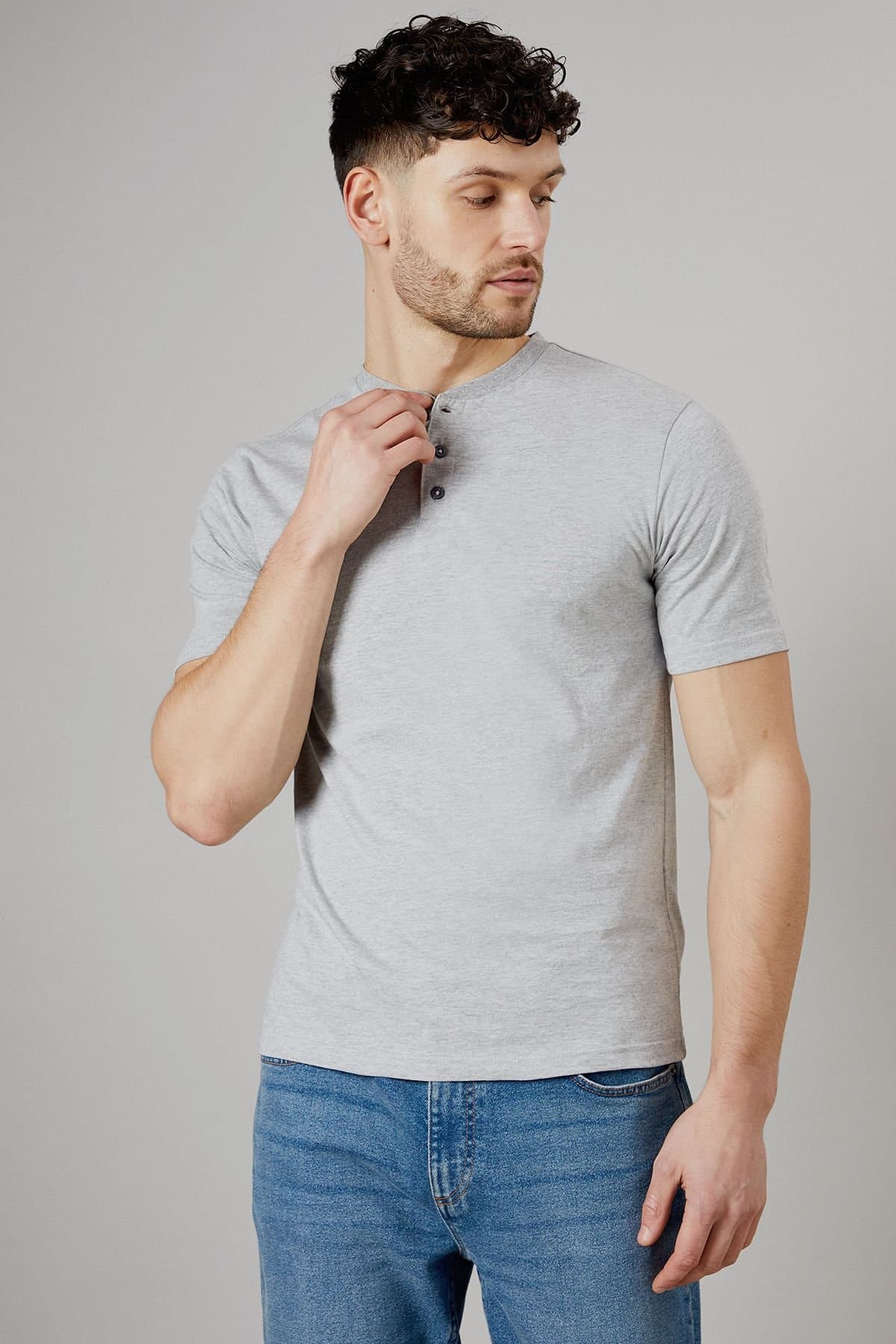 Burton Burton Men's Grey Marl Grandad Neck T-Shirt