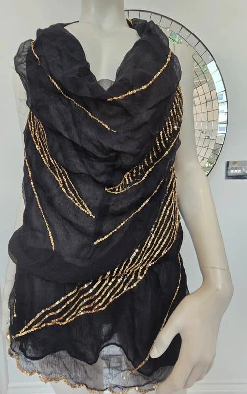 ASOS ASOS Luxe Black 100% Silk Halterneck Gold Sequin Embellished Top Dress