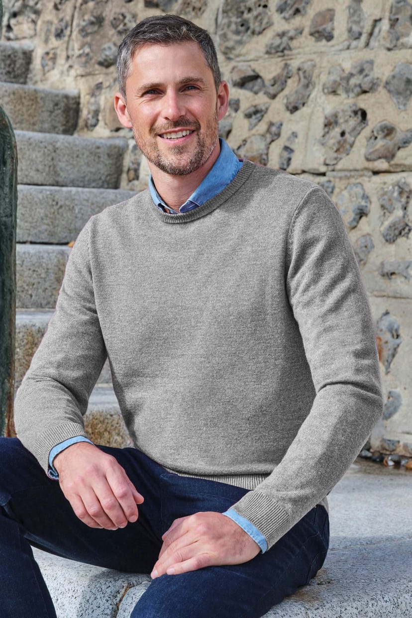 WoolOvers WoolOvers Men's Cashmere & Merino Crew Neck Jumper Mens in Grey - 1