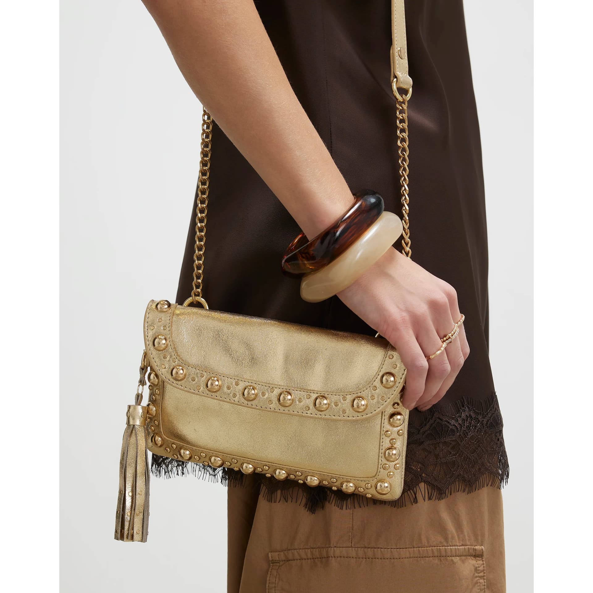 River Island River Island Womens Gold Leather Studded Tassel Cross Body Bag