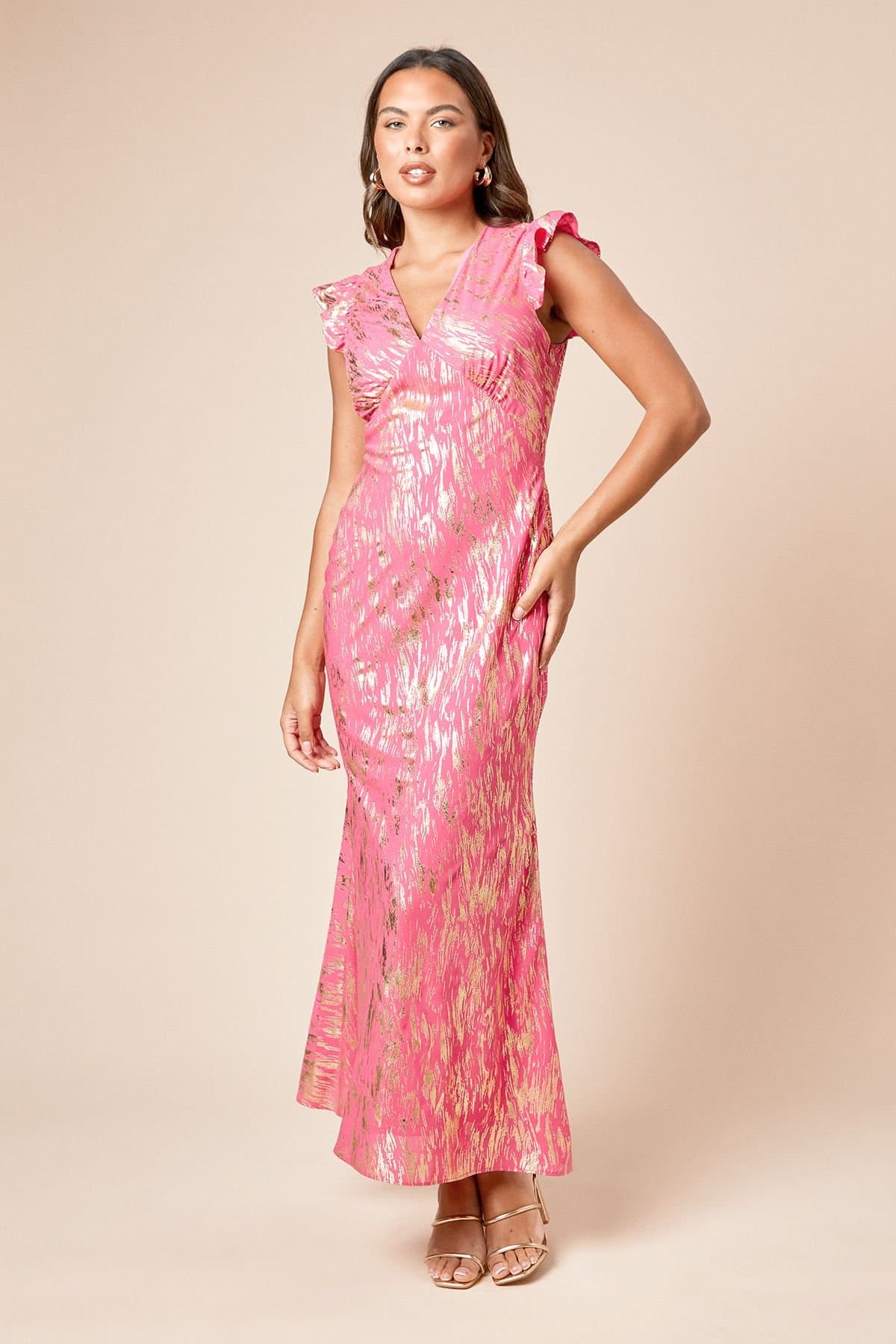 Dorothy Perkins Dorothy Perkins Women's DP Luxe Metallic Frill Shoulder Maxi Dress in Dusky