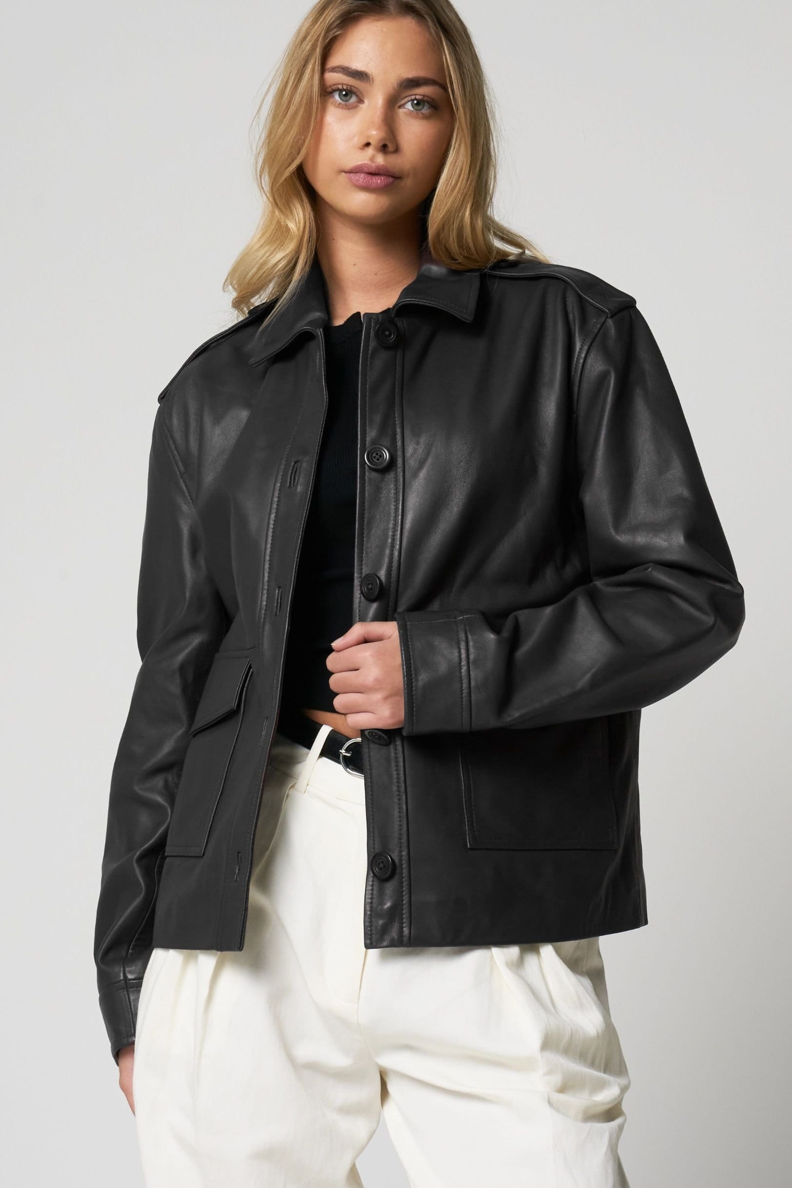 Barneys Originals Black Leather Utility Jacket