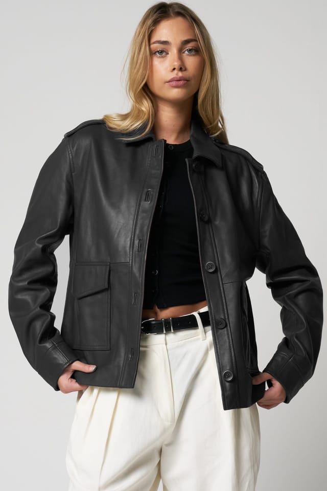 Barneys Originals Barneys Originals Women's Real Leather Utility Jacket in Black - 2