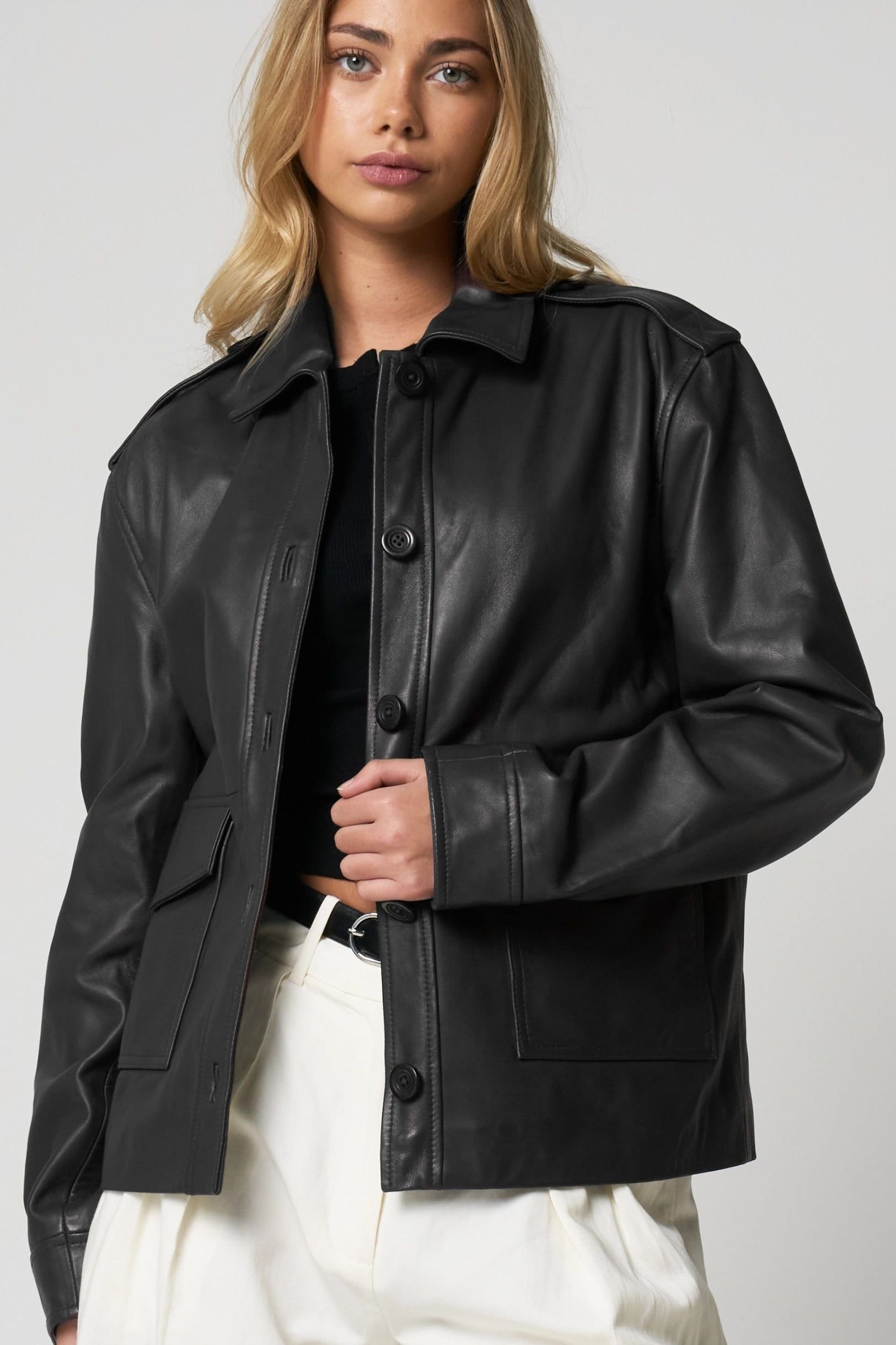 Barneys Originals Barneys Originals Women's Real Leather Utility Jacket in Black - 4