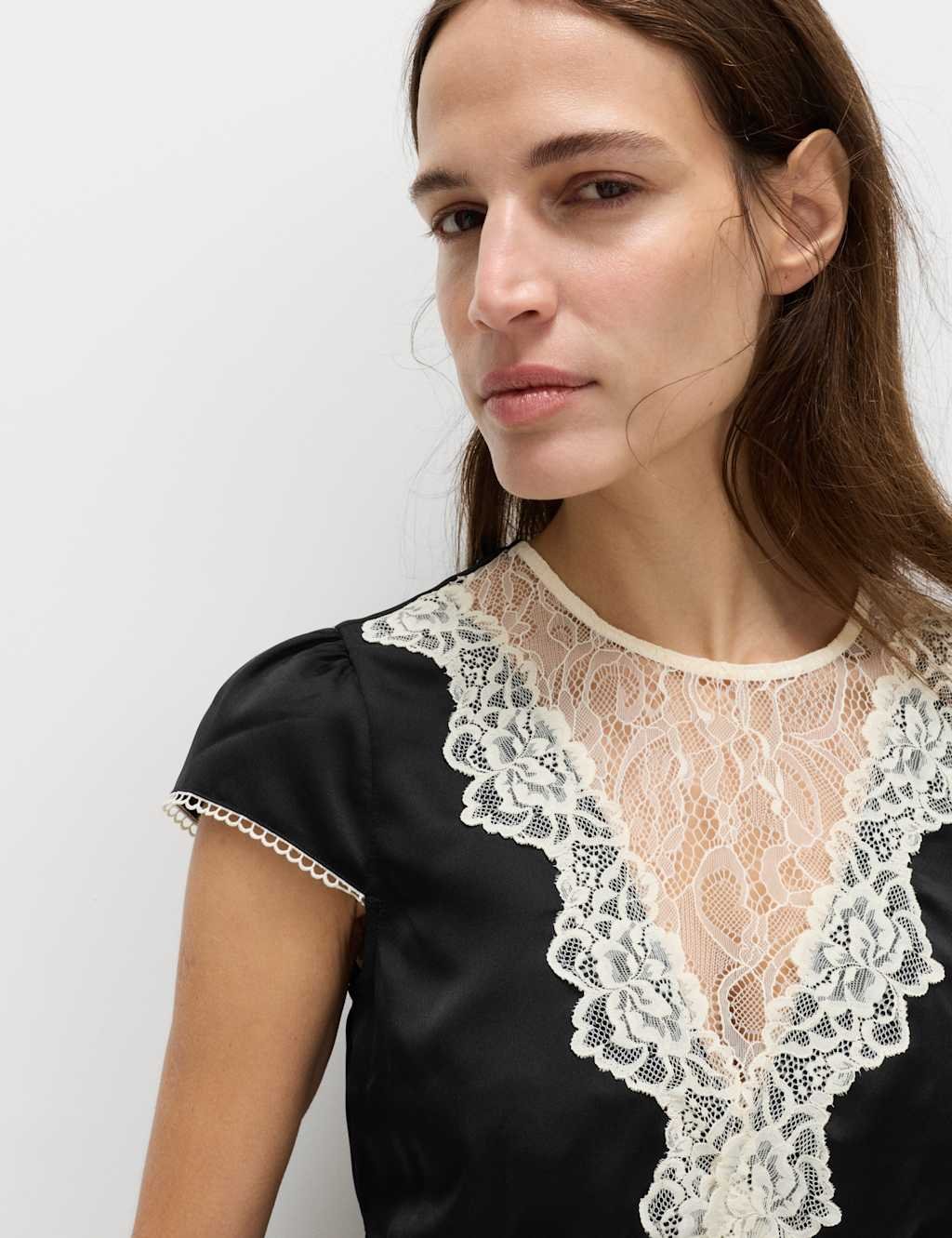 Marks & Spencer M&S Satin Lace Insert Top Black - 3