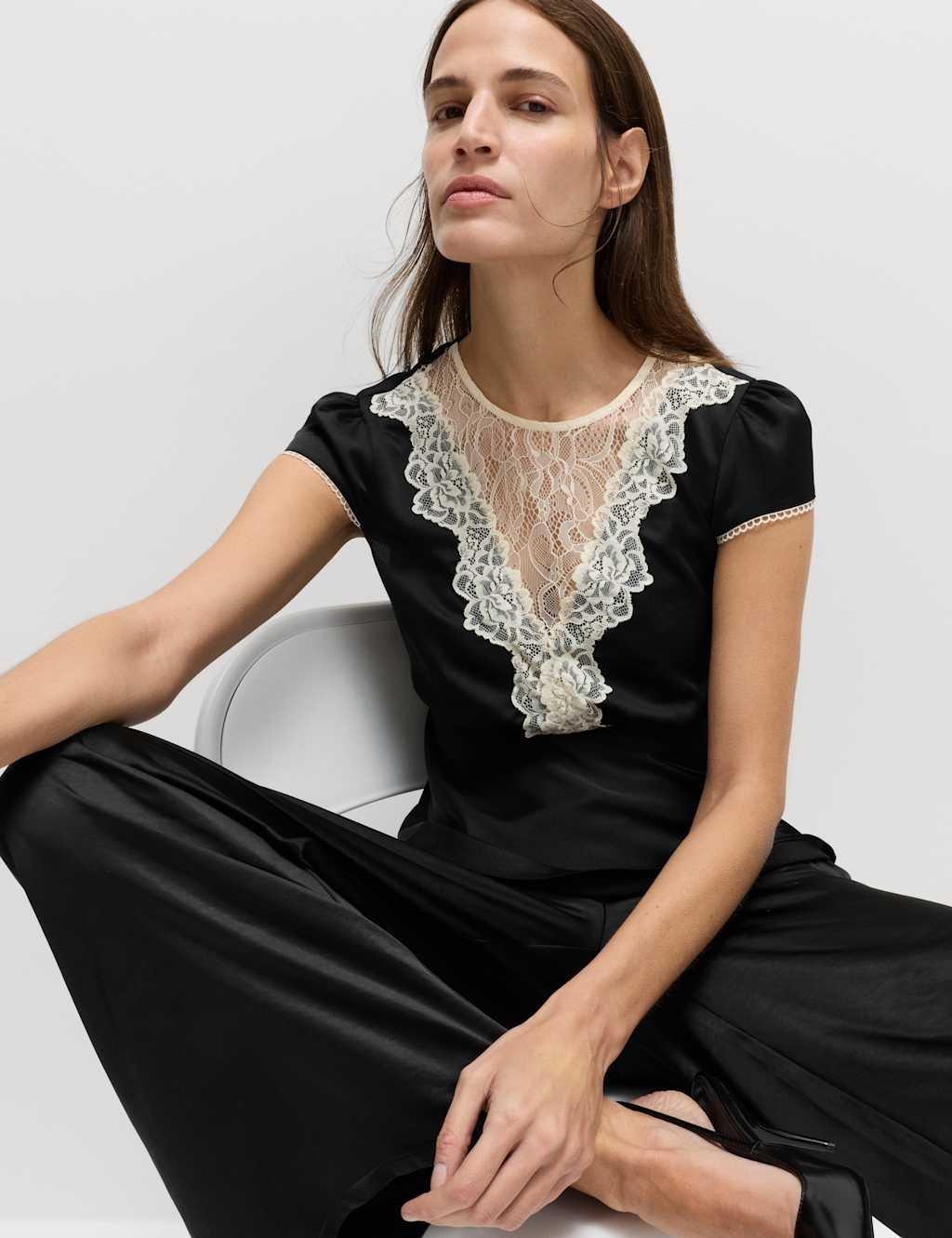 Marks & Spencer M&S Satin Lace Insert Top Black - 4