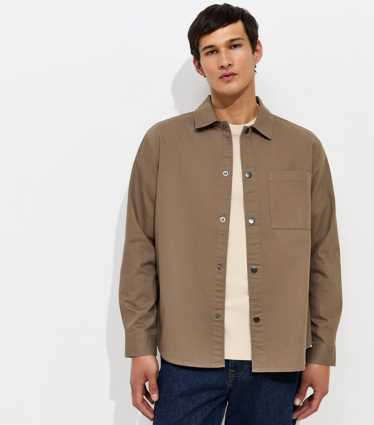 New Look Men's Camel Cotton Regular Fit Long Sleeve Boxy Twill Overshirt New Look
