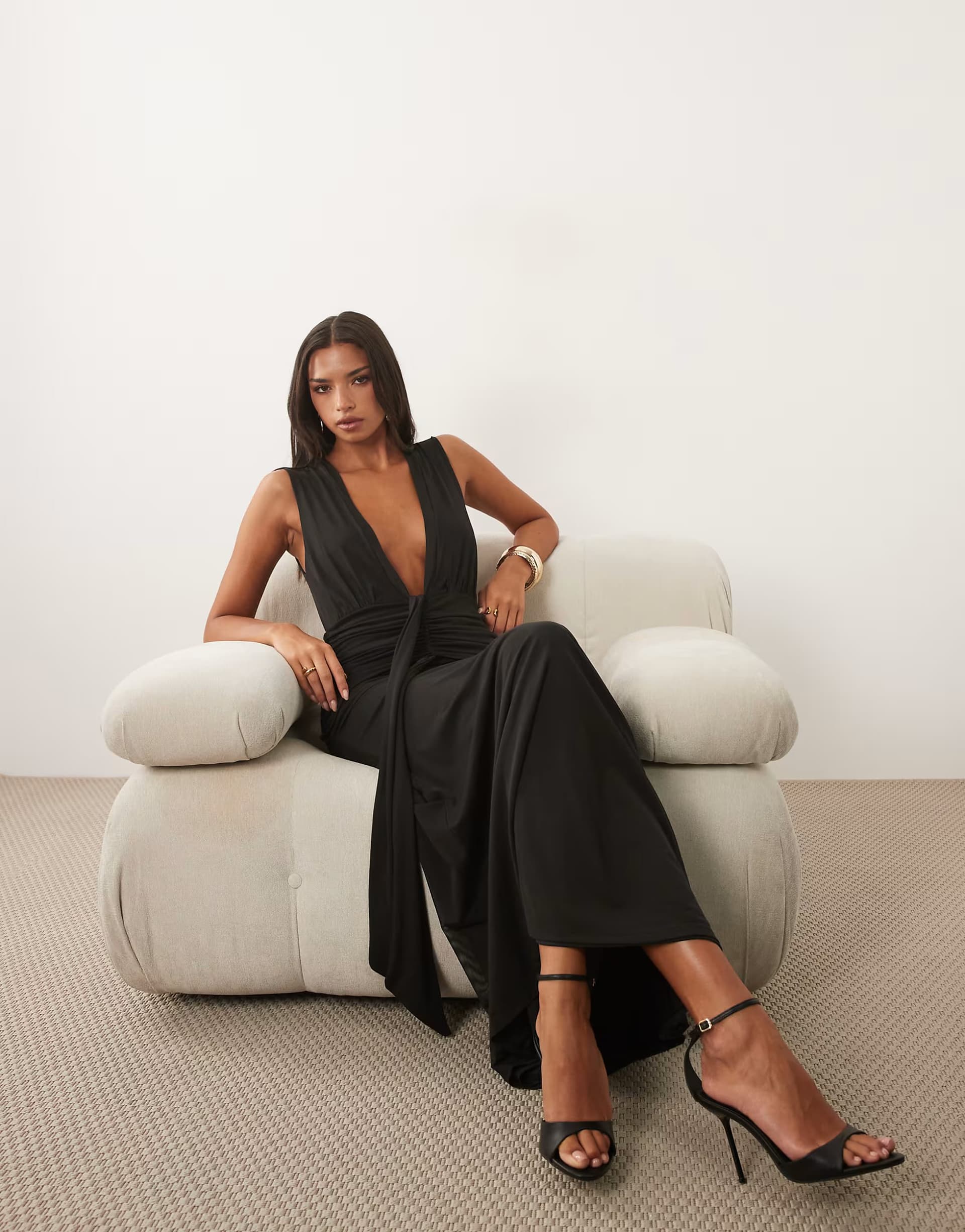 ASOS ASOS DESIGN mesh deep v neck maxi dress with waist wrap detail in black