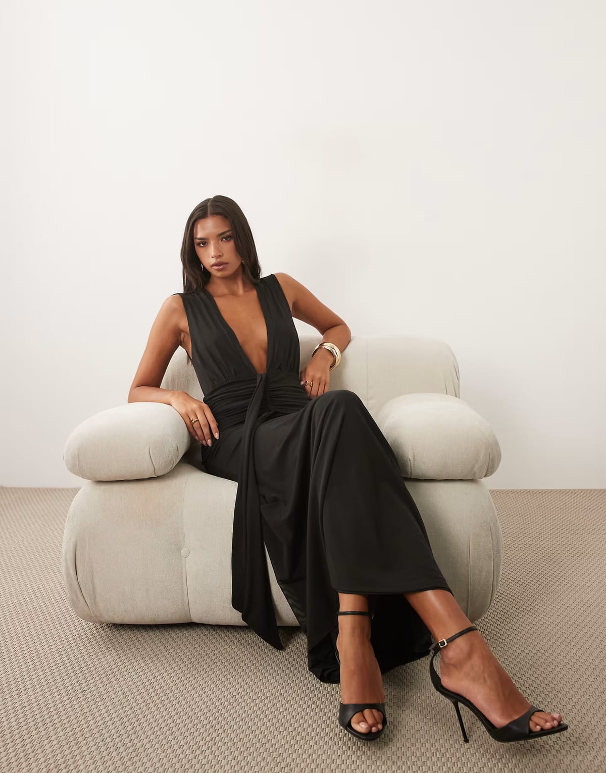 ASOS ASOS DESIGN mesh deep v neck maxi dress with waist wrap detail in black - 1