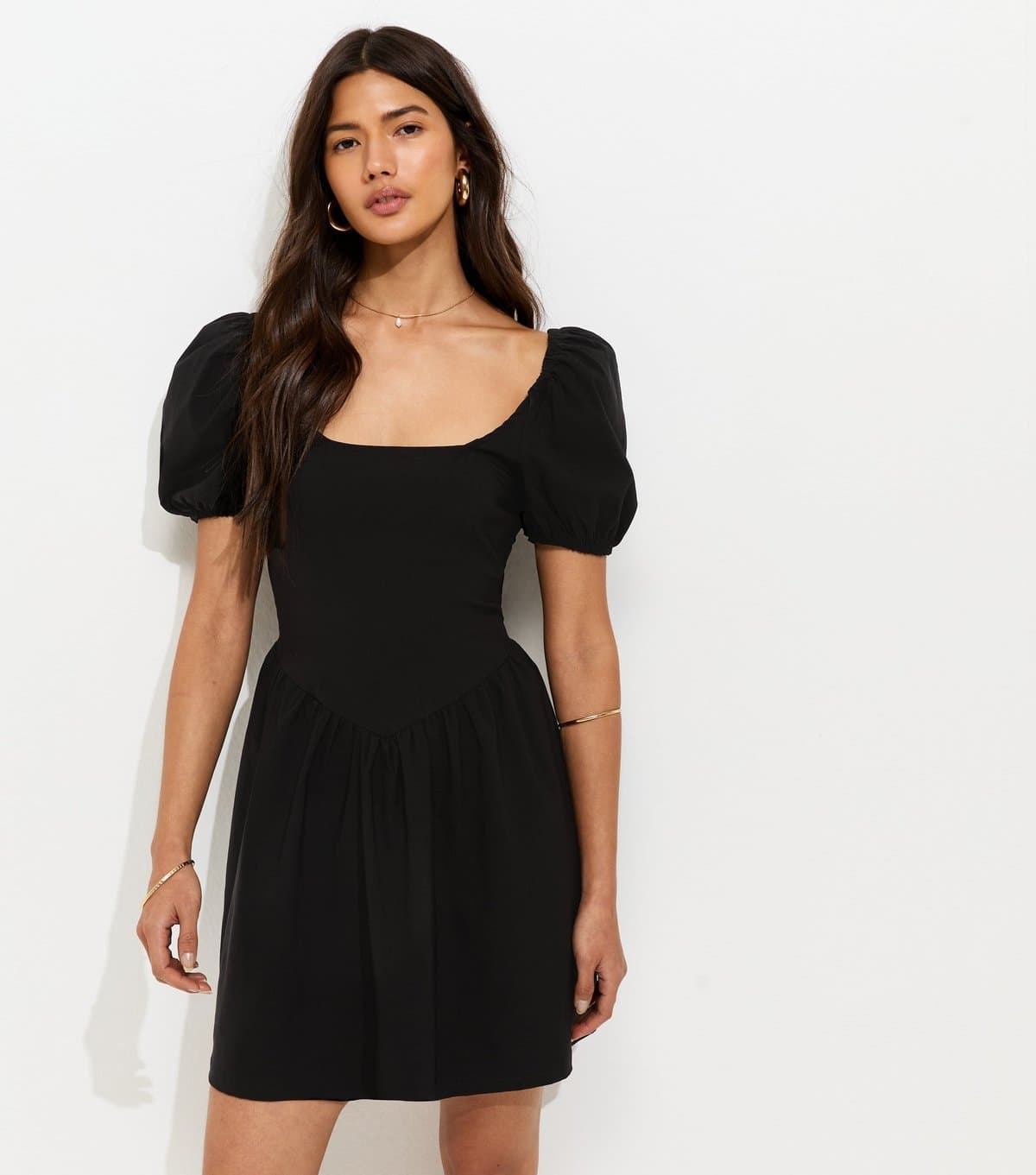 New Look Women's Black Puff Sleeve V Waist Mini Dress New Look