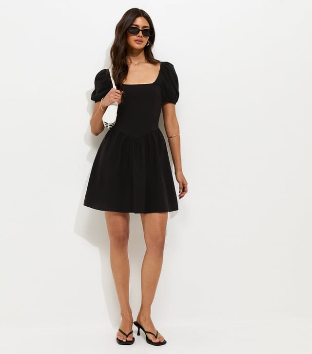 New Look Women's Black Puff Sleeve V Waist Mini Dress New Look - 3