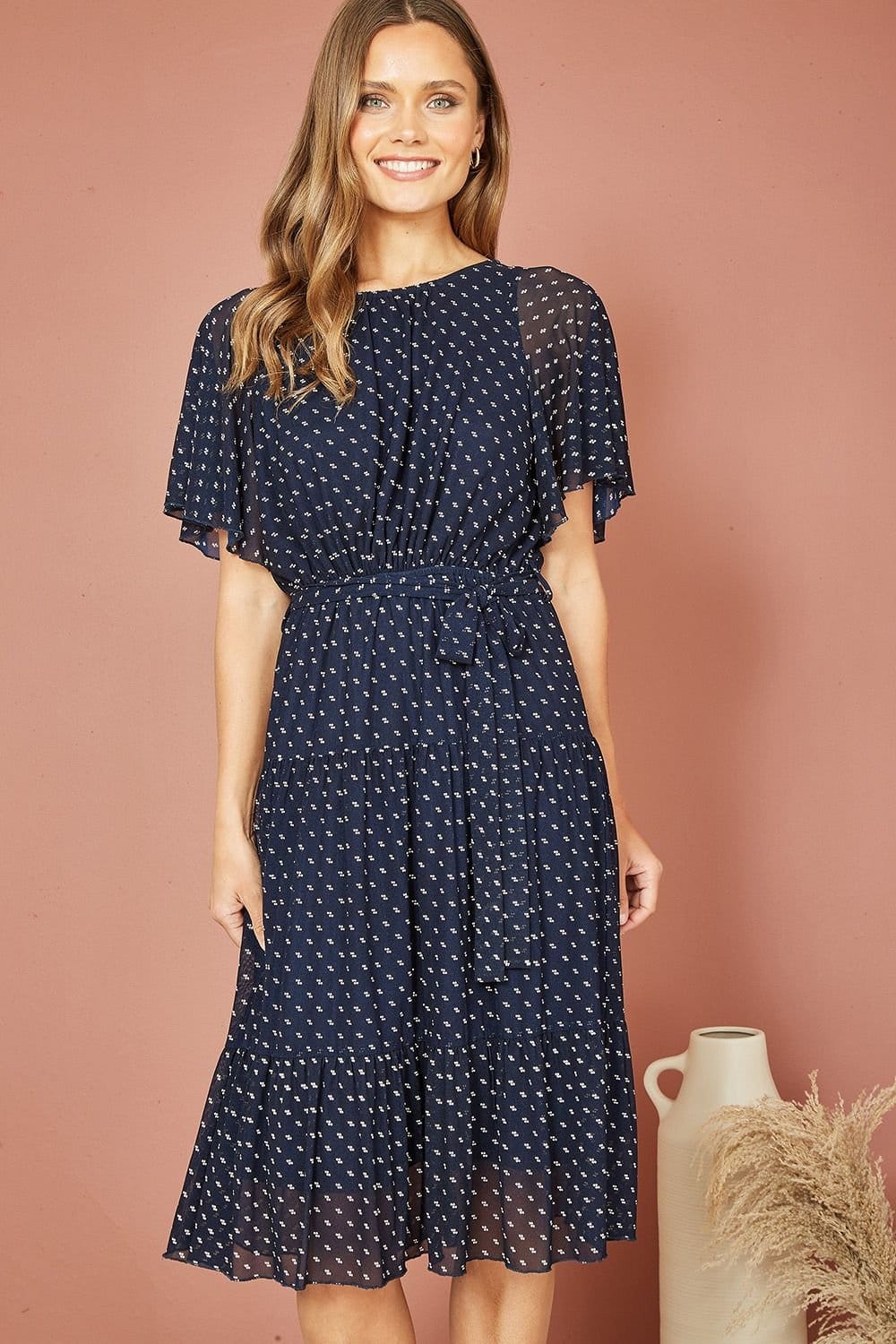 Yumi Navy Dot Print Mesh Midi Skater Dress