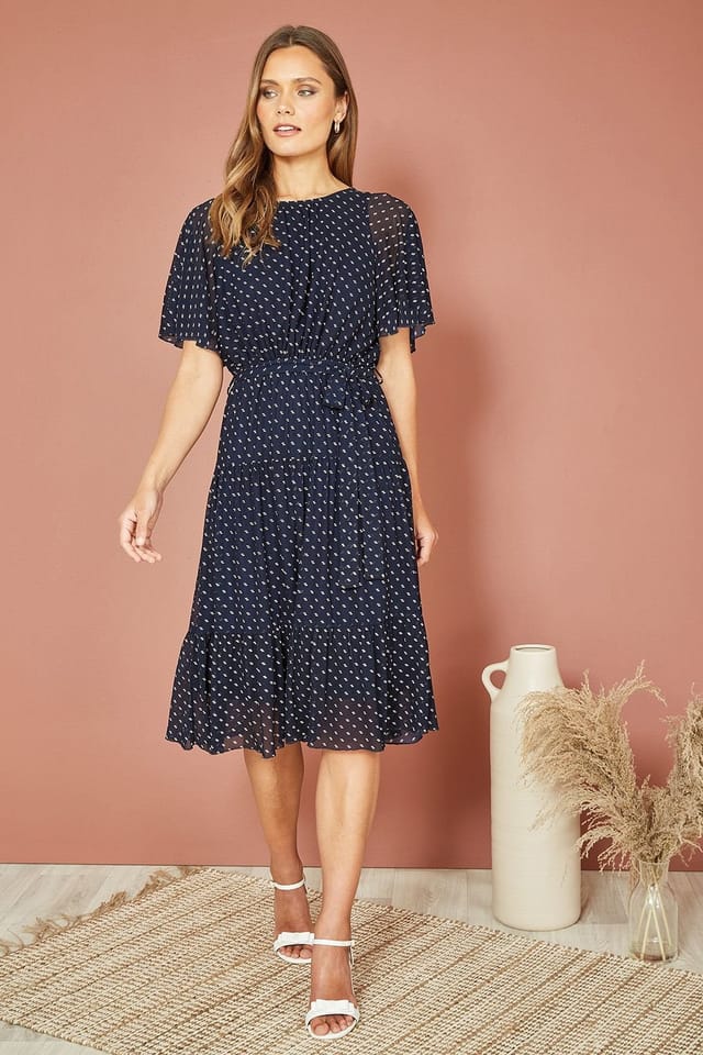 Yumi Yumi Women's Navy Dot Print Mesh Stretch Midi Skater Dress - 2