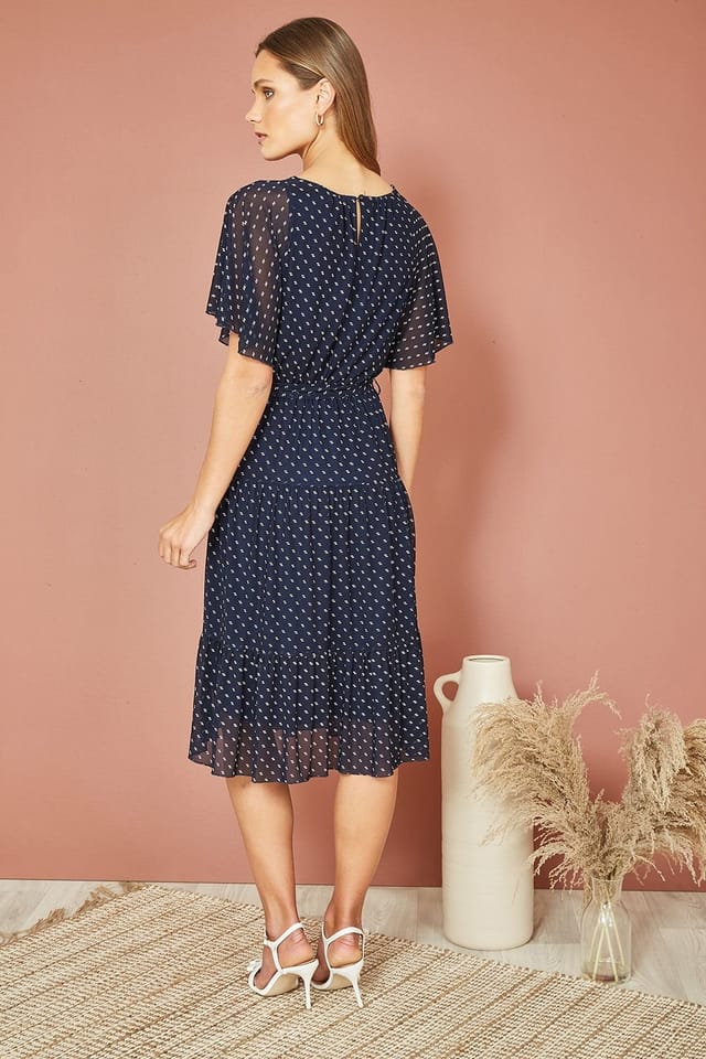 Yumi Yumi Women's Navy Dot Print Mesh Stretch Midi Skater Dress - 3