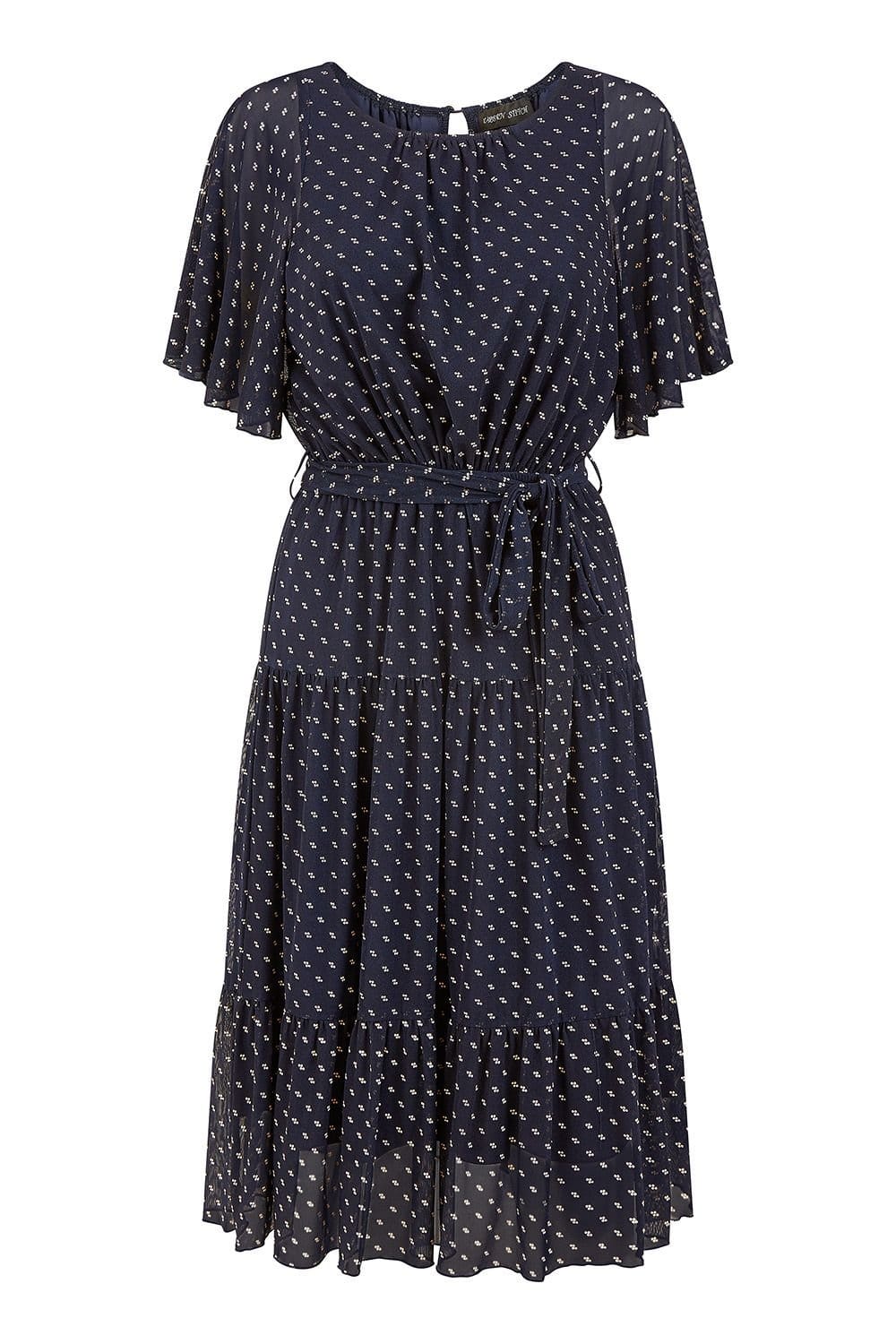 Yumi Yumi Women's Navy Dot Print Mesh Stretch Midi Skater Dress - 4
