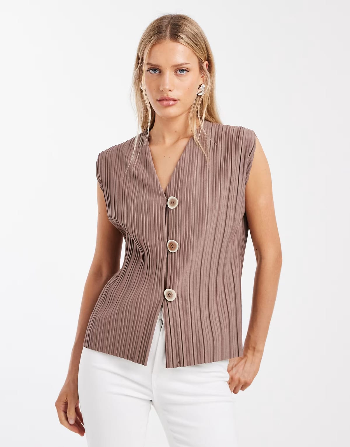 ASOS River Island plisse waistcoat co-ord in beige - 1