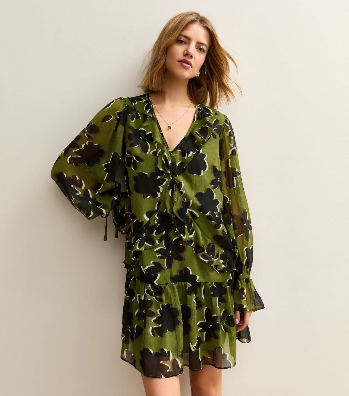 New Look Green Floral Frill Neck Mini Dress