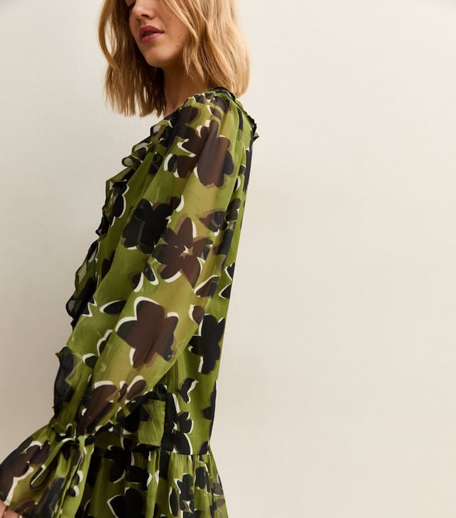 New Look Women's Green Floral Frill Neck Mini Dress New Look - 2