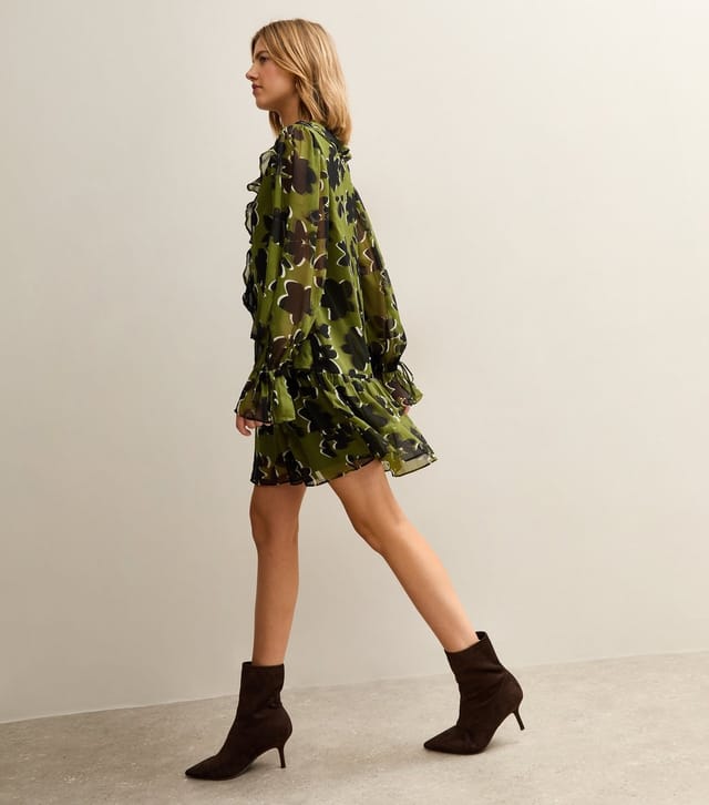 New Look Women's Green Floral Frill Neck Mini Dress New Look - 3