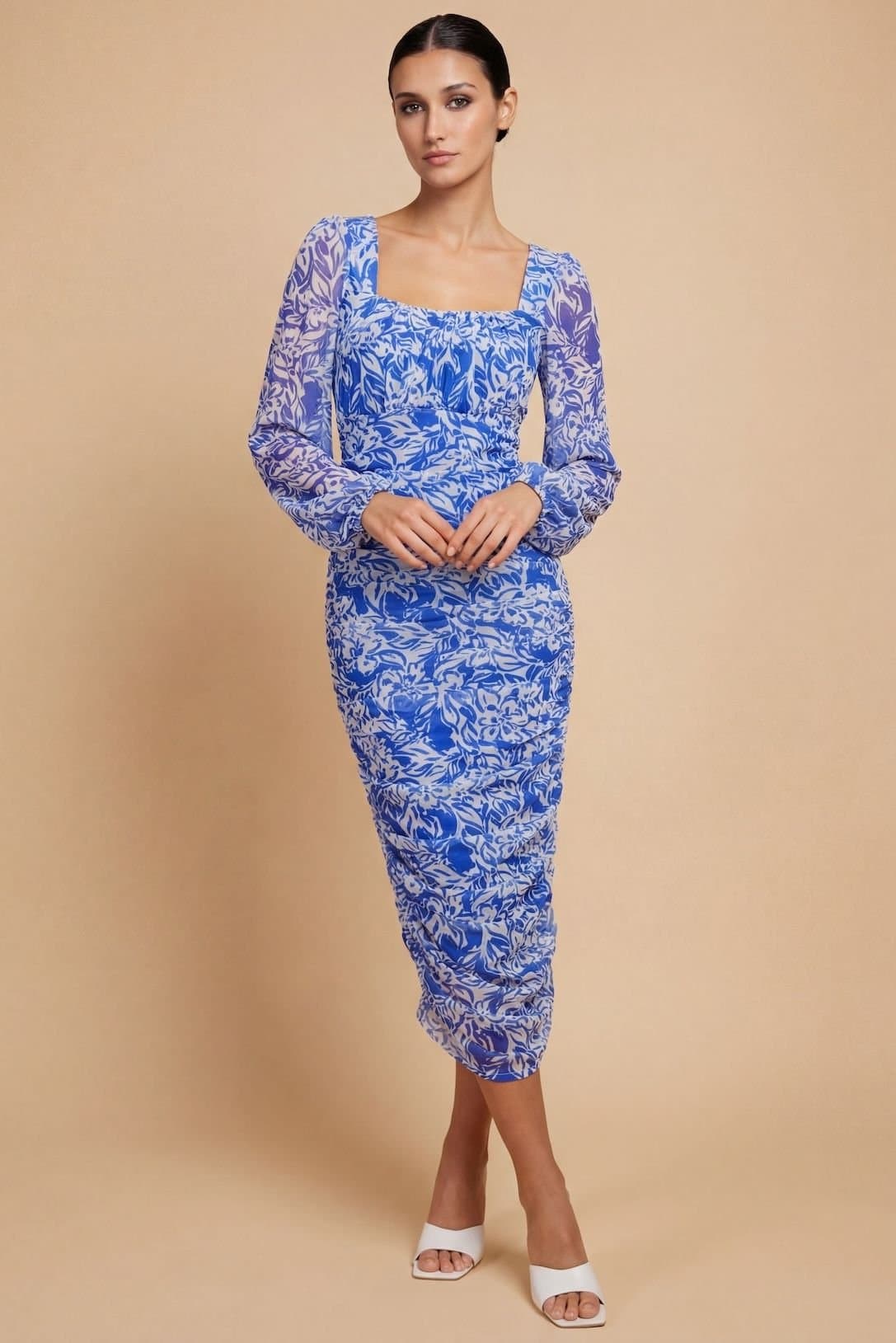 Little Mistress Little Mistress Women's Blue Floral Print Ruched Midi Bodycon Dress