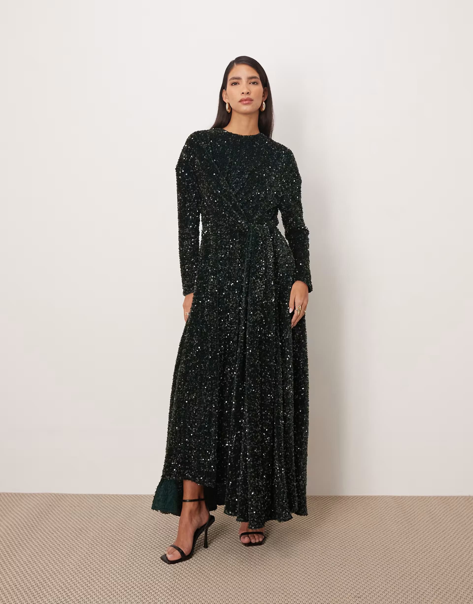 ASOS ARRANGE all over sequin long sleeve maxi dress in forest green