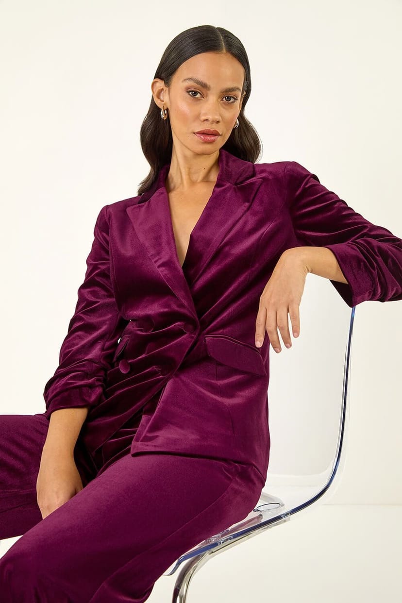 Dusk Dusk Women's Double Breasted Velvet Blazer in Burgundy - 1