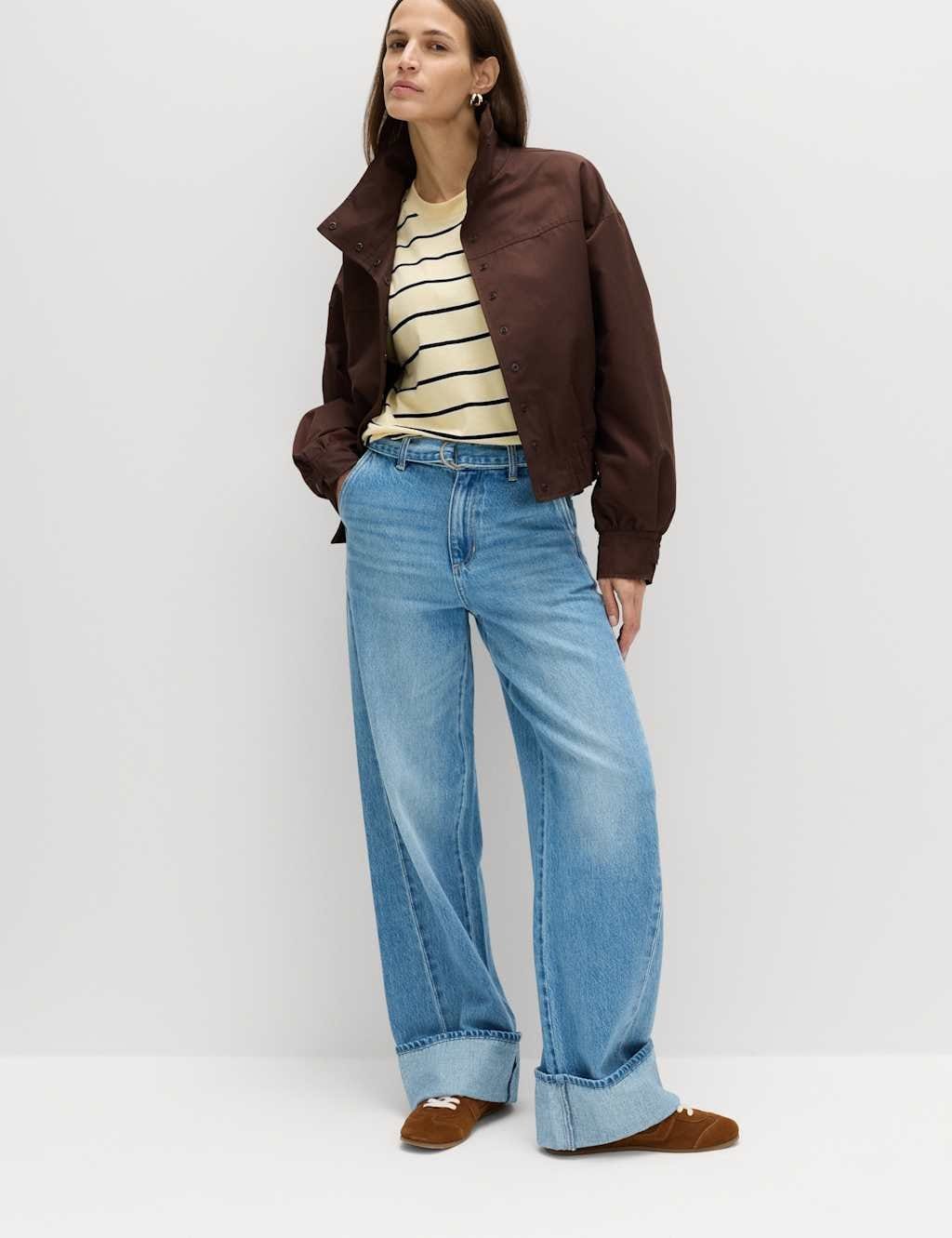 Marks & Spencer M&S Pure Cotton Belted Wide Leg Turn Up Jeans Medium Indigo - 1