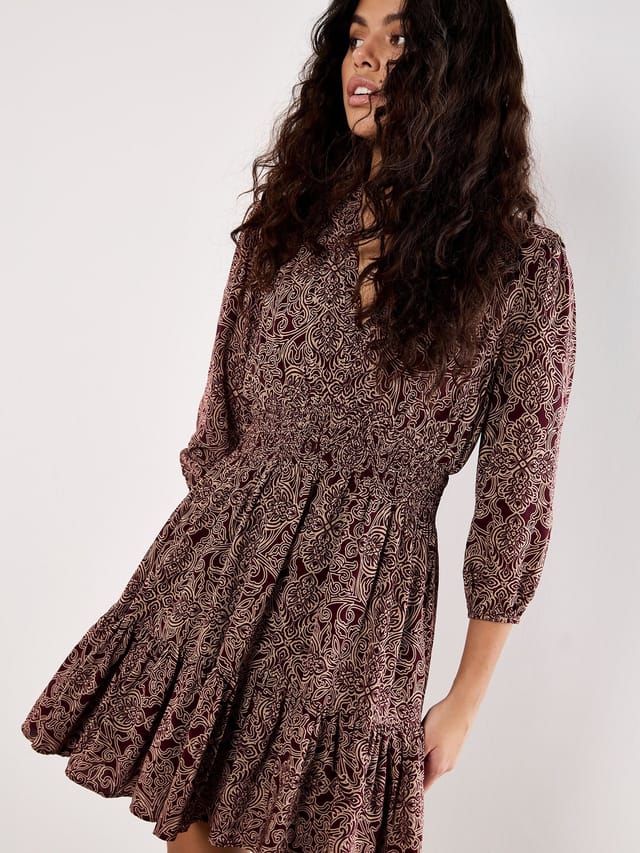 Apricot Apricot Women's Paisley Ruffle Soft Mini Dress in Burgundy - 2