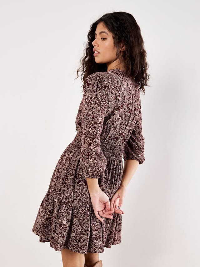 Apricot Apricot Women's Paisley Ruffle Soft Mini Dress in Burgundy - 3