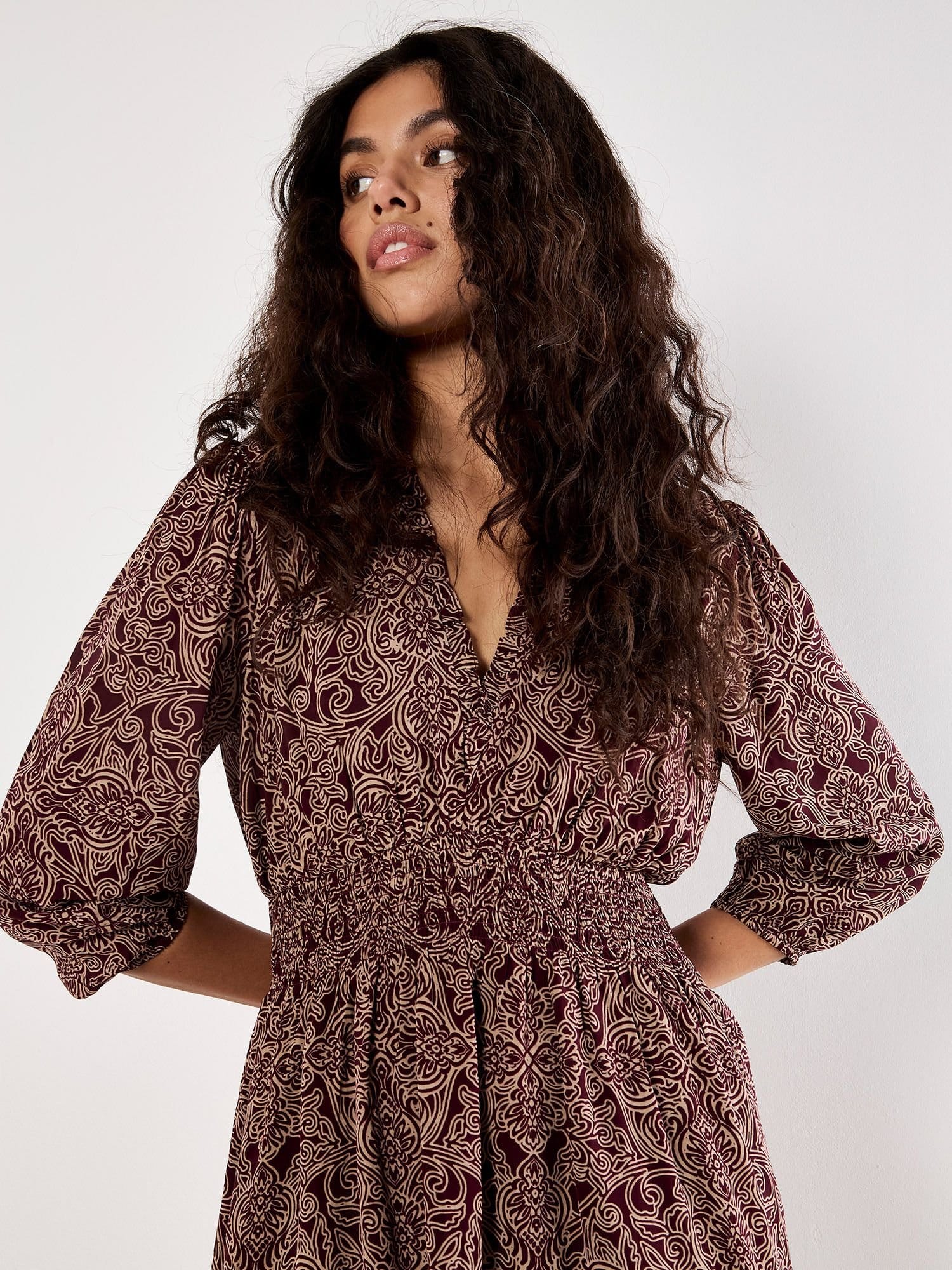 Apricot Apricot Women's Paisley Ruffle Soft Mini Dress in Burgundy - 4