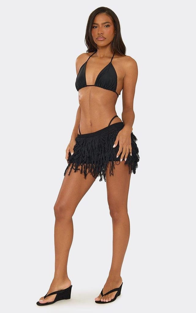 EGO Low Waist Fringe Mini Shorts In Black Knit, Women's Size UK L - 2