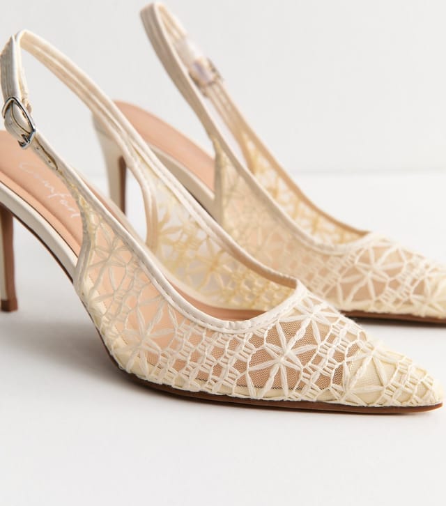 New Look Women's Off White Crochet Slingback Pumps Vegan New Look - 3