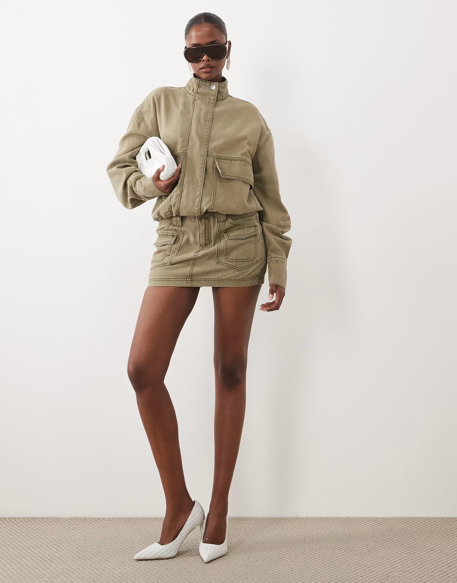 ASOS Missyempire denim placket detail bomber jacket and skirt in khaki
