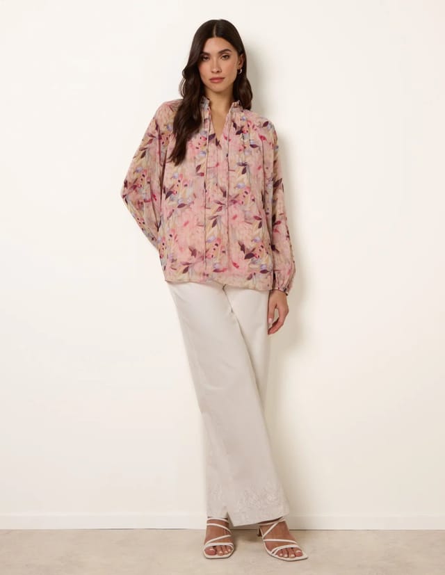 Blue Vanilla Watercolour Floral Printed Tie Front Blouse - 2