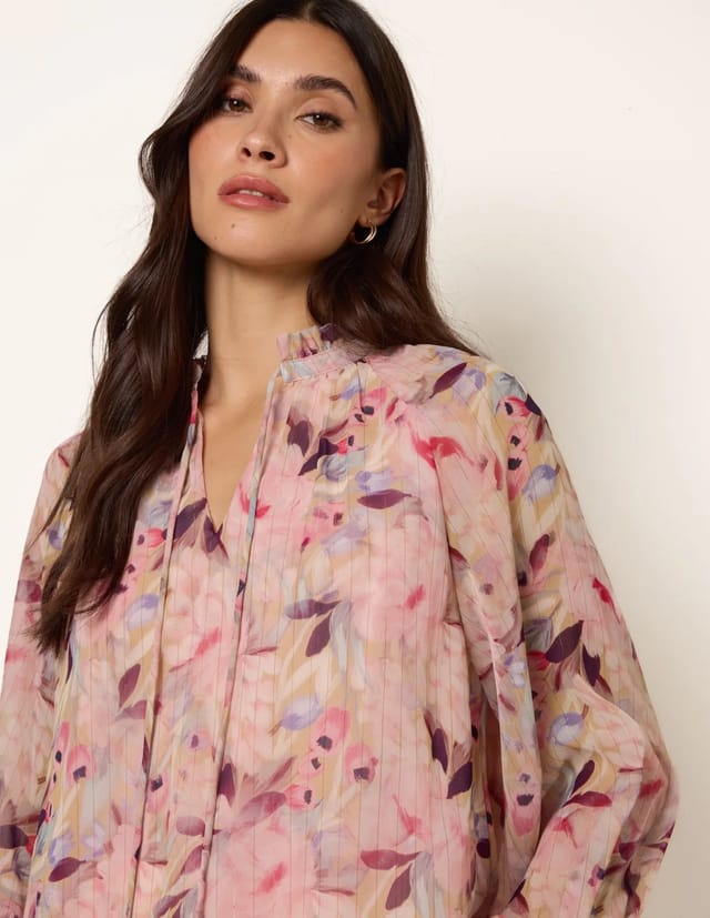 Blue Vanilla Watercolour Floral Printed Tie Front Blouse - 3