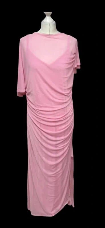 Never Fully Dressed Never Fully Dressed Pink Mesh Ruched Midi Dress | Size 16 | RRP £145