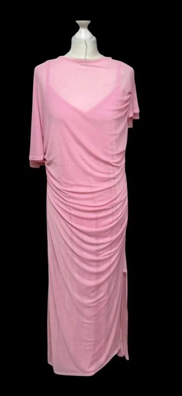 Never Fully Dressed Pink Mesh Ruched Midi Dress | Size 16