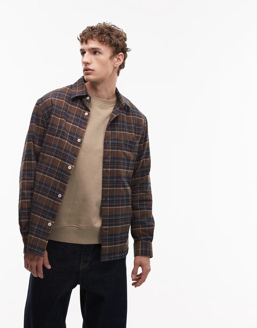 ASOS Mango 100% cotton shirt in brown and blue check - 1